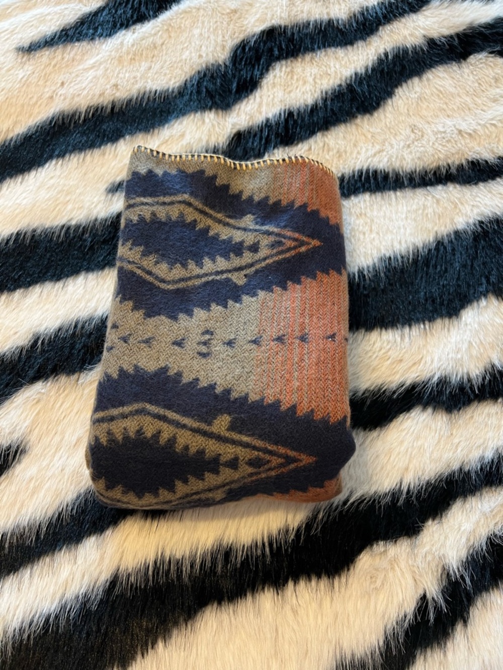 Southwestern Reversible Patterned Shawl Wrap in Navy, Rust, Teal - Picture 4 of 5